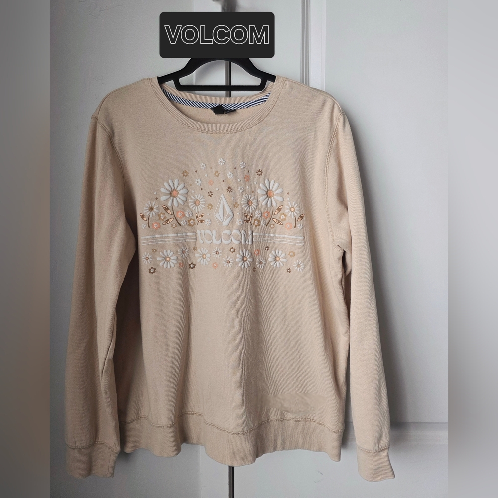 VOLCOM Beige Crew Neck Floral Design Sweatshirt Pullover